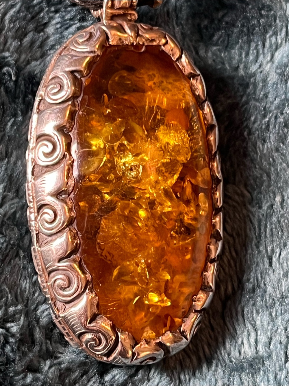 Gold Tone Baltic Amber/Silver Oval Pendant Necklace with Black Multi-Strand Cord - Picture 9 of 11